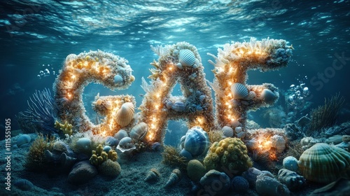 Underwater coral reef forming glowing letters GAF. photo