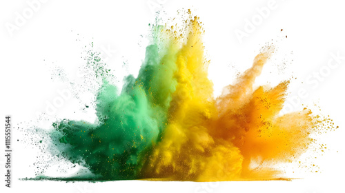 Yellow, Green, Silver colours powder exploding isolated on a transparent background