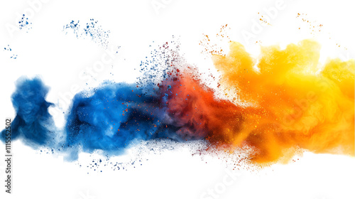 Yellow, Orange, Blue colours powder exploding isolated on a transparent background