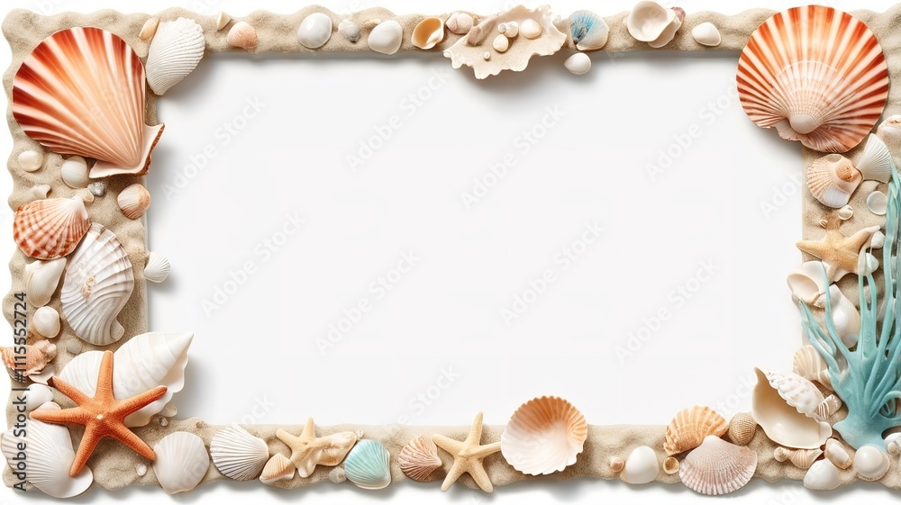 Obraz premium Decorative seashell picture frame, beach-themed 2D cartoon design, on a white background. 