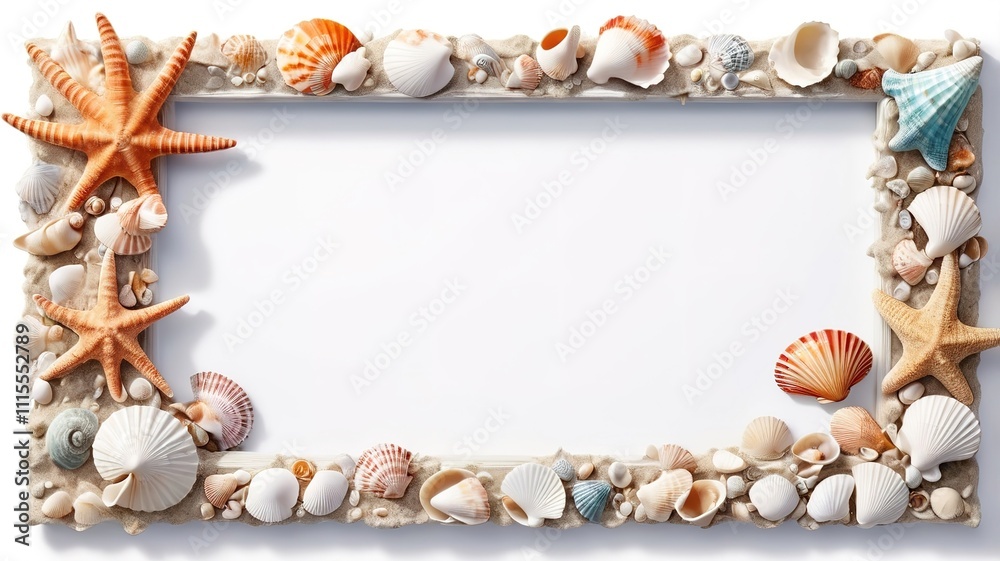 Obraz premium Handmade picture frame adorned with seashells, 2D cartoon illustration on a white backdrop. 