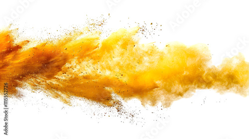 Yellow, Orange, Gold colours powder exploding isolated on a transparent background