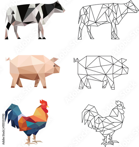  set geometric pets: pig, cow, rooster.