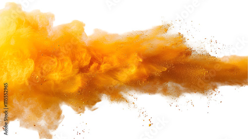 Yellow, Orange, Gold colours powder exploding isolated on a transparent background