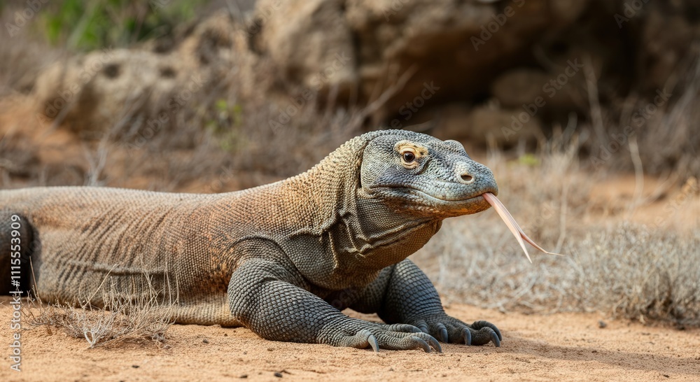 Fototapeta premium Komodo dragon in natural habitat on rinca island, indonesia