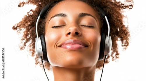 Woman enjoying music with headphones on while smiling peacefully indoors photo