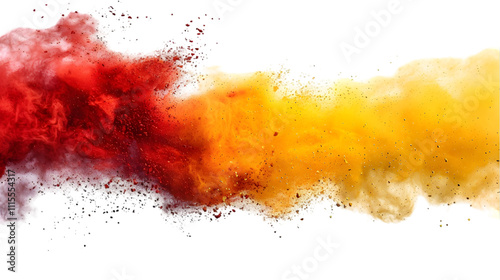 Yellow, Red, Gold colours powder exploding isolated on a transparent background