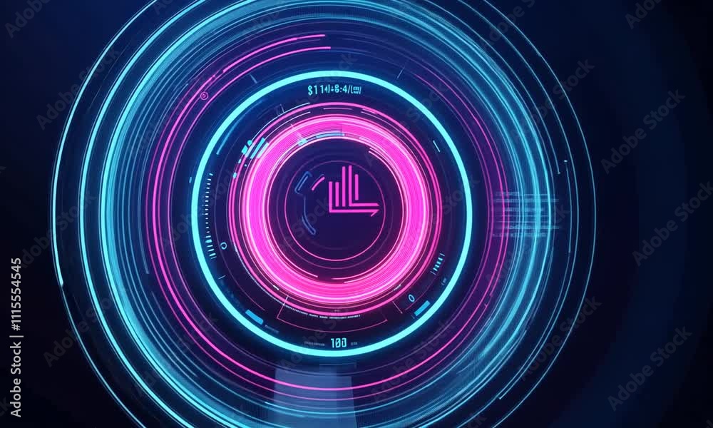 A vibrant, abstract digital design featuring concentric circles and glowing elements.