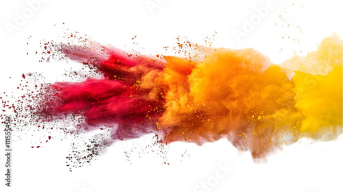 Yellow, Red, Golden colours powder exploding isolated on a transparent background