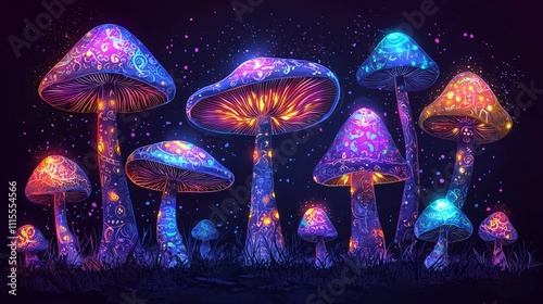 Retro-inspired cartoon mushrooms illuminate a whimsical forest at night photo