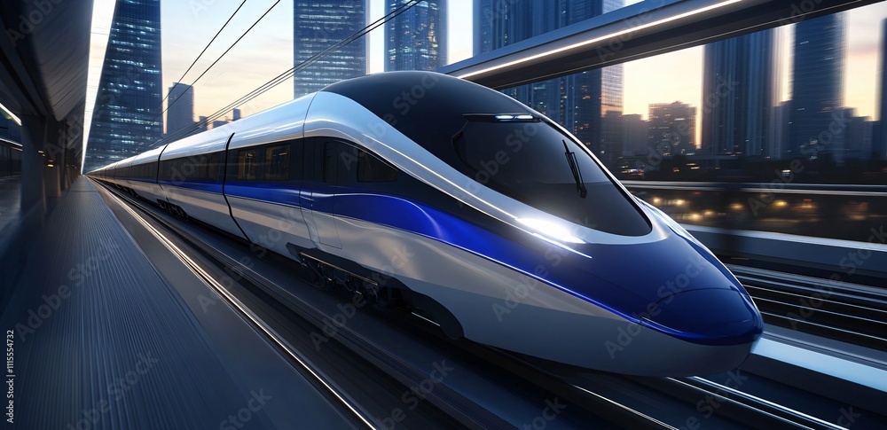Fototapeta premium A high-speed train traveling through a city on an elevated bridge, showcasing modern transportation in an urban environment, with the train soaring above the ground amidst city skyscrapers.