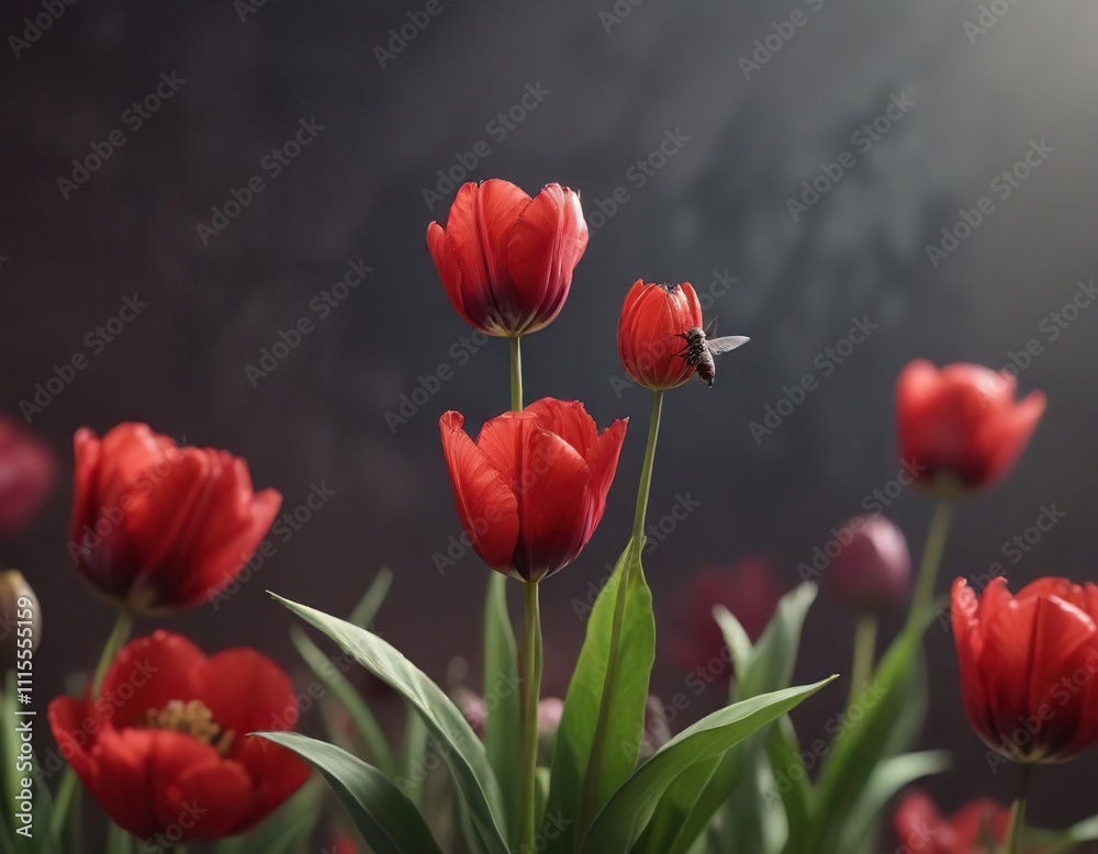 Obraz premium Tiny fly hovering above a crimson tulip's velvety leaves, summer, flower, insects