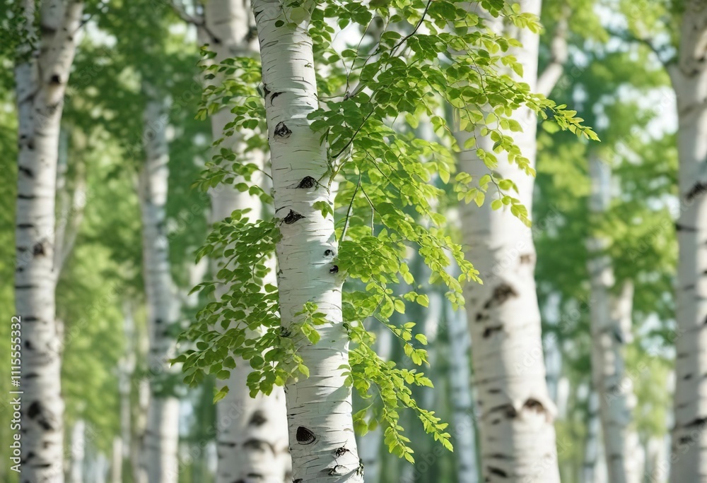 Fototapeta premium Vibrant green leaves on a white birch tree in spring, growth, foliage, seasonal, birch, green