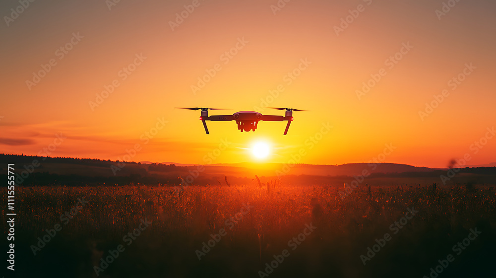 Drone captures sunset over a field with vibrant colors and silhouettes at dusk
