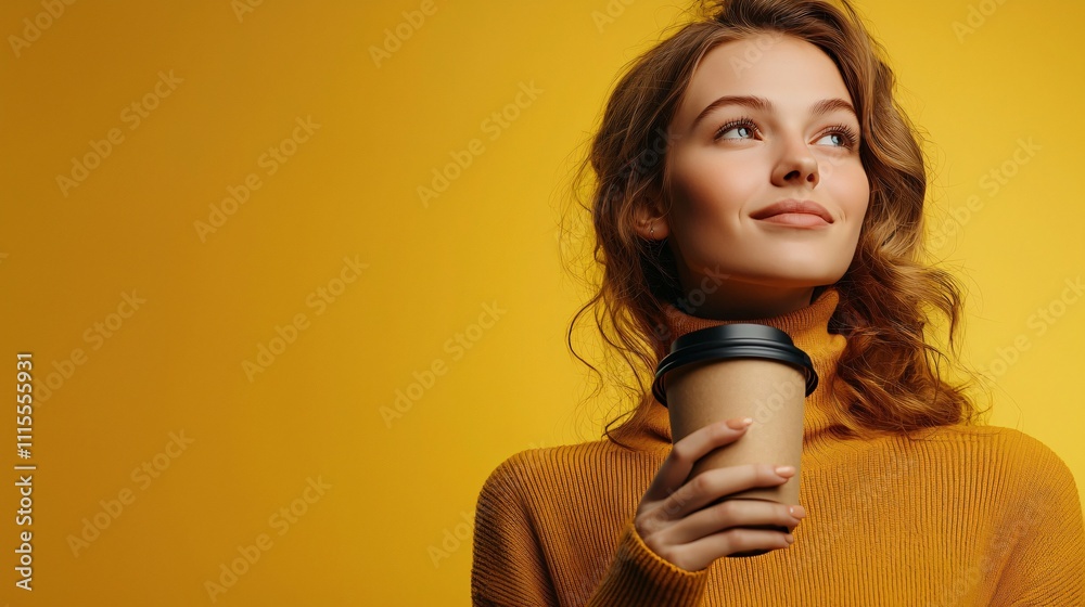 Woman enjoying coffee against a vibrant yellow background during sunny daylight Woman enjoying coffee against a vibrant yellow background during sunny daylight