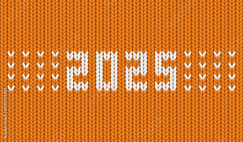 Brown winter background with 2025 knit pattern. Wool fabric texture for Happy New Year and Christmas holidays in caramel, cinnamon or ginger color. 2025 embroidery on cloth, vector illustration