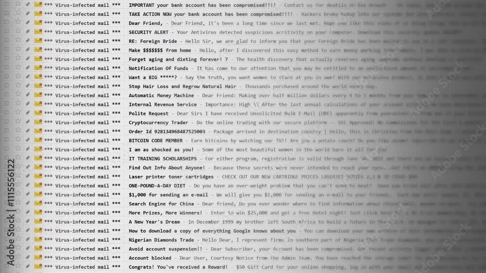 Computer screen displaying suspicious email inbox filled with virus-infected messages. Red warning icons and subject lines reveal potential scam attempts, malware alerts, and phishing schemes.
