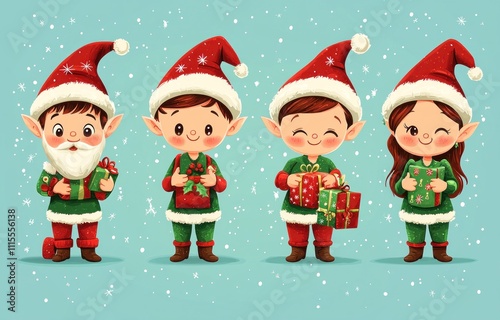 Adorable Christmas elves and a snowman holding gifts and candy canes in a snowy festive setting Generative AI