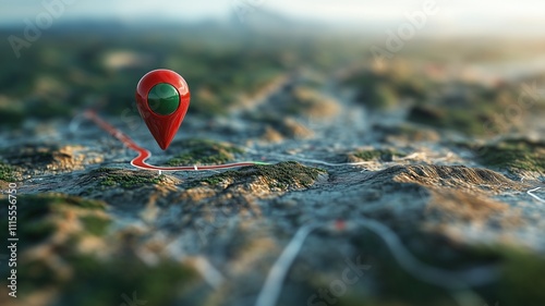 A 3D map with a red location pin indicating a specific area amidst mountainous terrain. photo