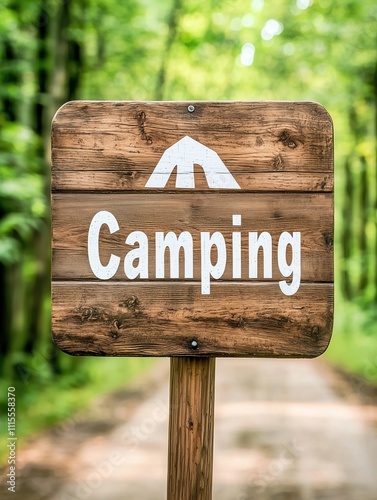 Rustic Wooden Camping Sign in Forest Setting