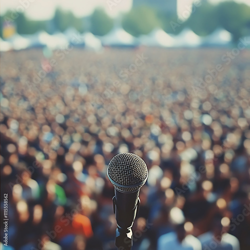 Focused Microphone at a Large Outdoor Concert. A microphone stands out, sharply in focus, against a blurry background of a massive crowd at an outdoor concert. photo