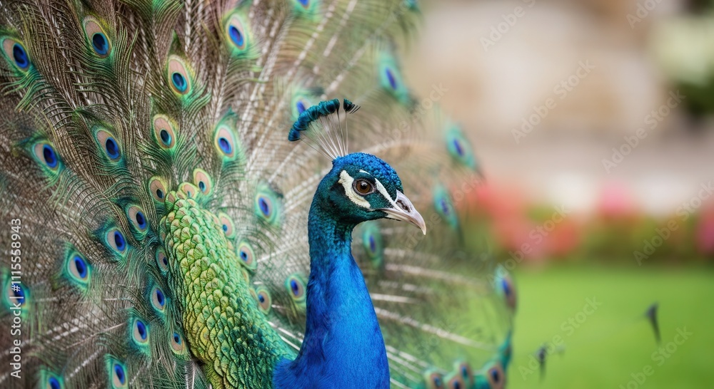 Fototapeta premium Vibrant peacock display showcasing natural beauty and colorful plumage in garden setting