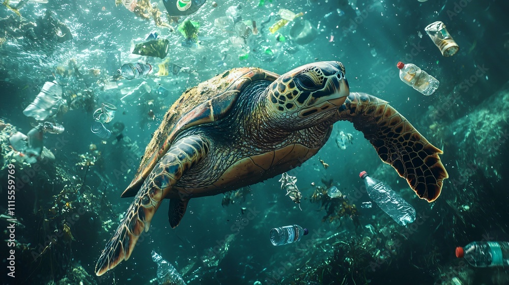 Obraz premium Turtle swims through ocean littered with plastic bottles and debris under sunlight