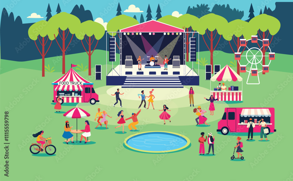 Open-air music festival featuring a live performance on an outdoor stage, with people dancing in nature. The event includes food trucks, flat vector illustration
