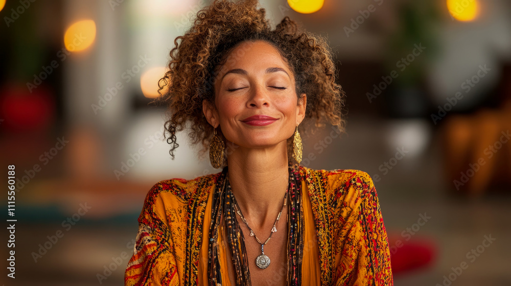A woman with curly hair enjoys a moment of peace and mindfulness in a calming space, dressed in colorful attire, embodying relaxation and serenity A woman with curly hair enjoys a moment of peace and mindfulness in a calming space, dressed in colorful attire, embodying relaxation and serenity