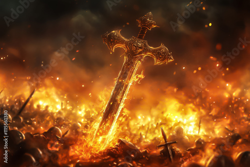 Amidst the flames, a broken staff rests on a chaotic battlefield surrounded by fallen soldiers and scattered swords photo