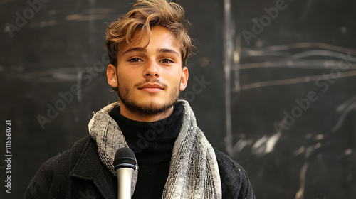 Young man speaks confidently at a public event in an educational setting, dressed in stylish, casual attire with a microphone. Generative AI