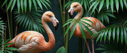 Two flamingos are standing in front of a bunch of lemons and green leaves. The image has a tropical vibe and is meant to evoke a sense of relaxation and leisure