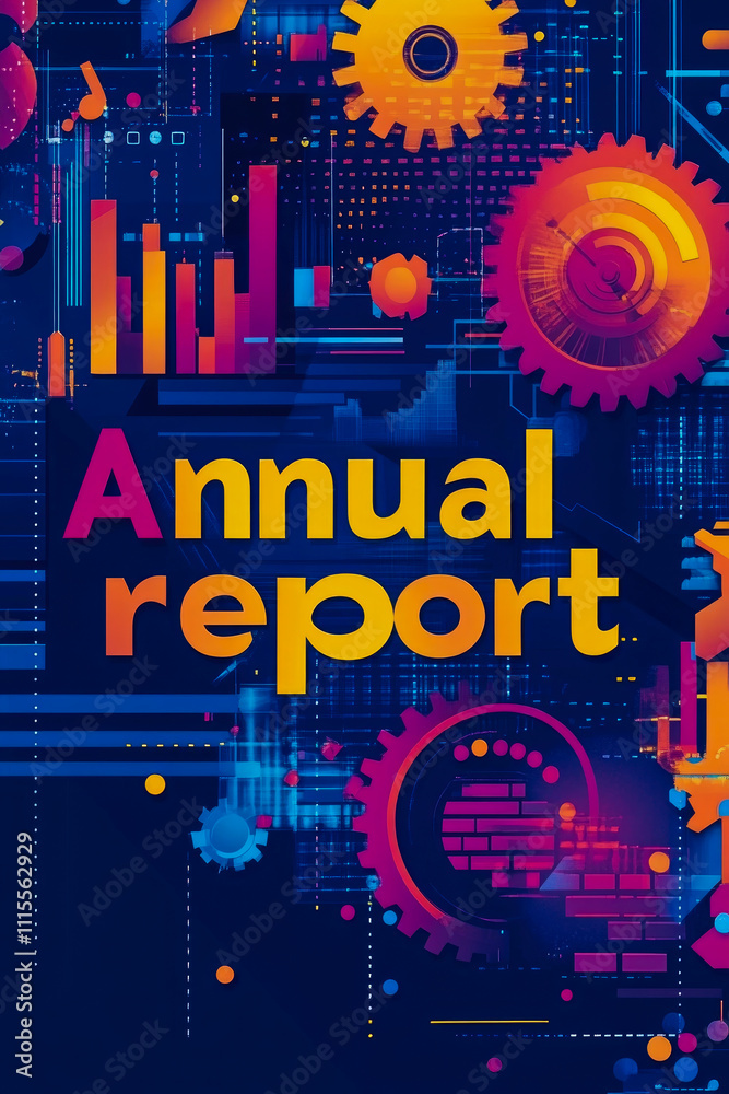 Obraz premium Colorful annual report layout showcasing gears, charts, and vibrant data elements for an engaging presentation of information