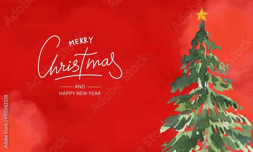 Red watercolor background and Christmas tree.Merry Christmas background 