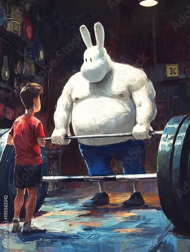 Hemulens lifting weights with a young boy in a cozy gym atmosphere photo