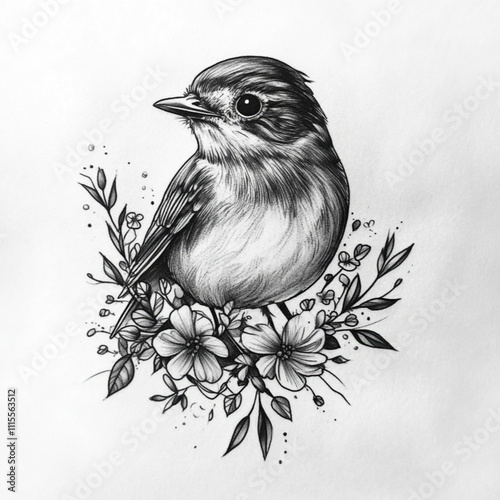 Robin's tattoo design is in a black and grey style with delicate flowers surrounding it.
