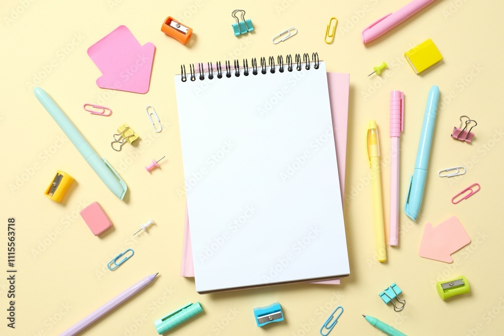 Flat lay with school notebook and stationery on color background, top view Flat lay with school notebook and stationery on color background, top view