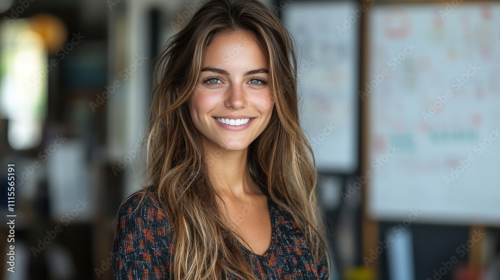 Fototapeta premium A young woman with long hair smiles warmly, exuding confidence in a relaxed indoor environment filled with vibrant decor and natural light