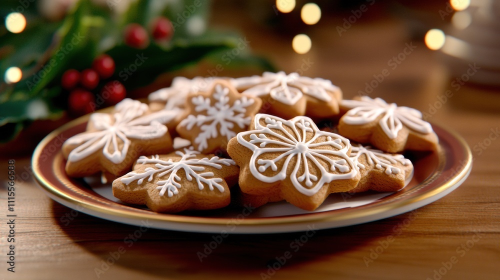 Festive gingerbread cookies with intricate icing designs on a plate, AI Festive gingerbread cookies with intricate icing designs on a plate, AI