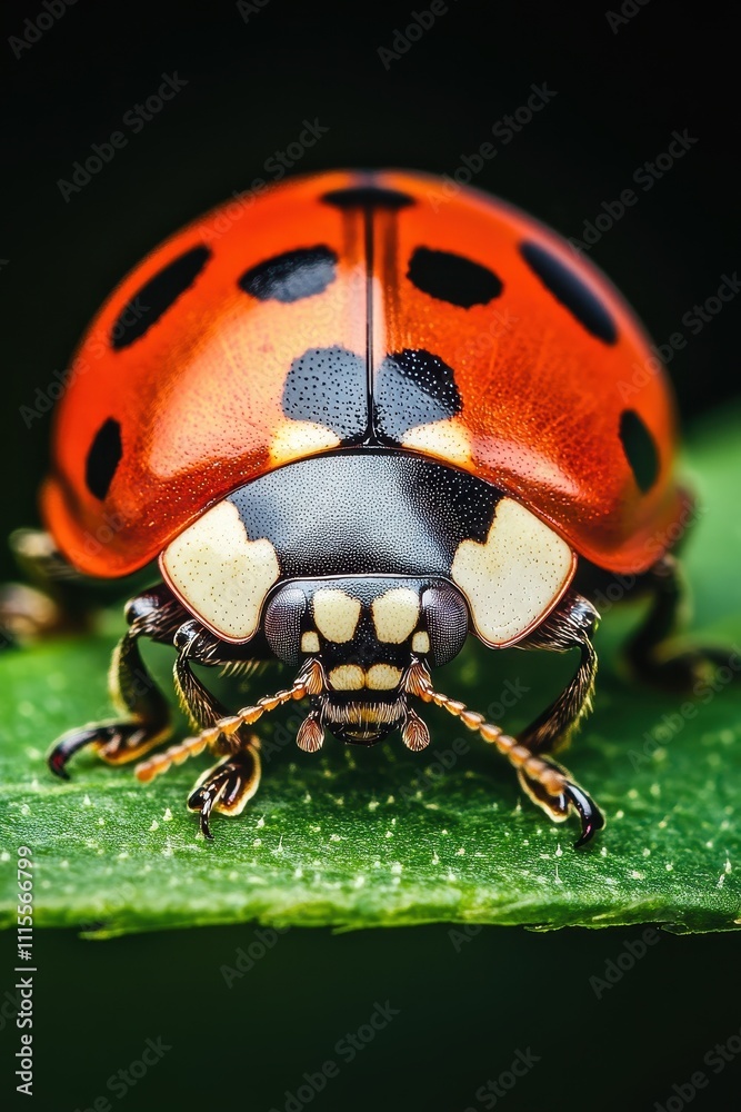 Fototapeta premium Vibrant Ladybug Closeup on a Lush Green Leaf