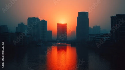 A serene sunset glows behind city skyscrapers, reflecting vibrant colors on the water's surface, creating a tranquil urban landscape.