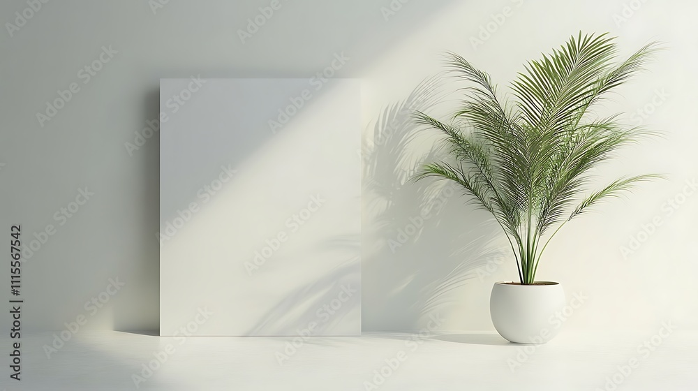 A minimalist interior scene featuring a potted plant and a blank canvas against a wall. A minimalist interior scene featuring a potted plant and a blank canvas against a wall.