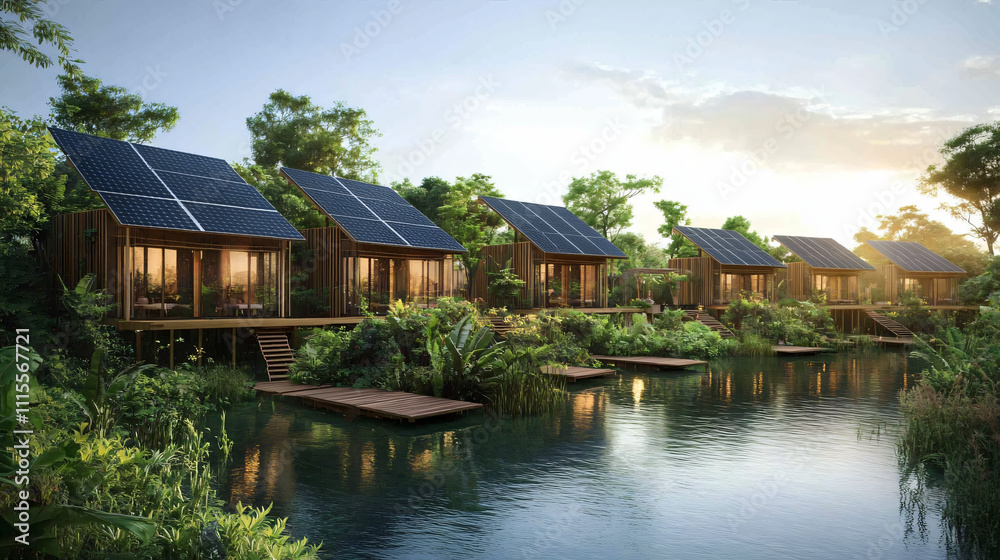 A solar-powered eco-lodge designed for remote eco-tourism destinations, providing energy-efficient accommodations while minimizing environmental impact and promoting sustainability. A solar-powered eco-lodge designed for remote eco-tourism destinations, providing energy-efficient accommodations while minimizing environmental impact and promoting sustainability.