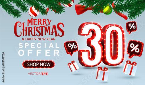 Merry Christmas, 30 percent Off discount. Sale banner and poster. Vector illustration.