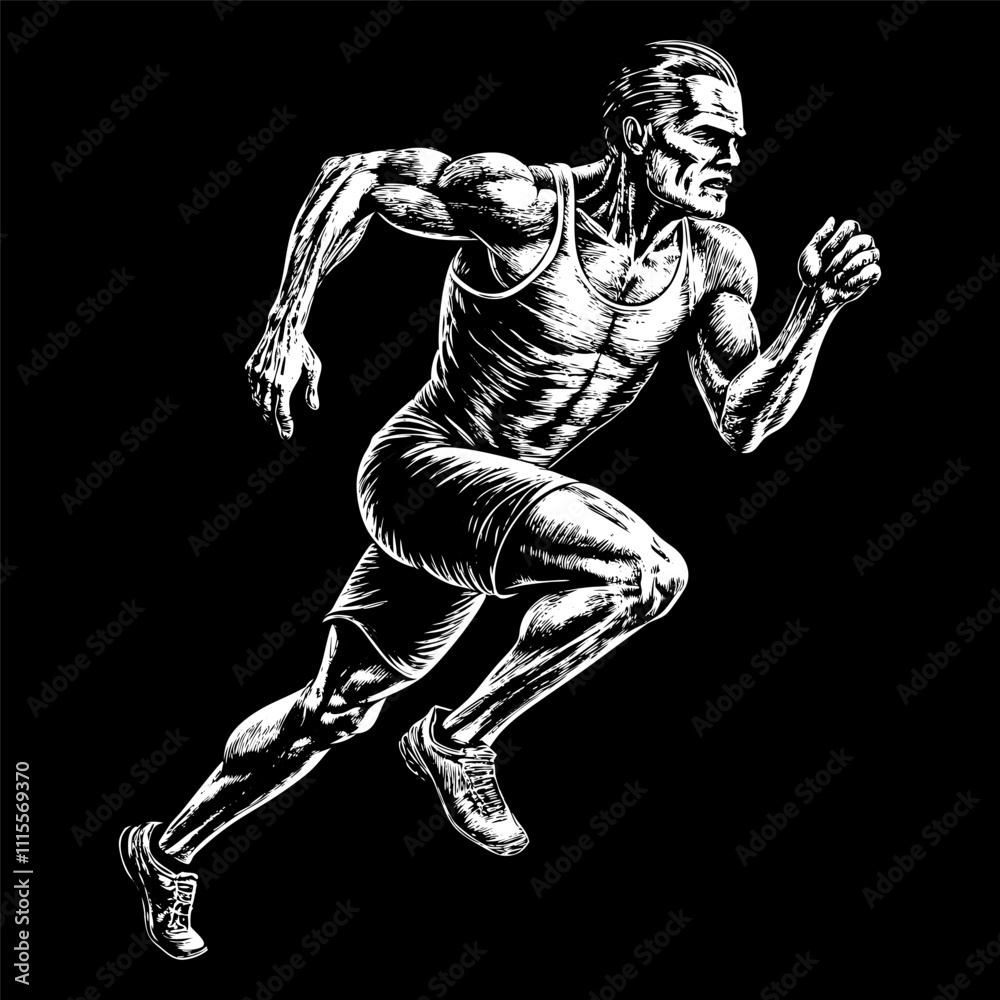a drawing of a man running in a black and white photo. a drawing of a man running in a black and white photo.
