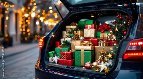 Car Trunk Full of Christmas Gifts: Car trunk packed with Christmas presents in a festive city setting.