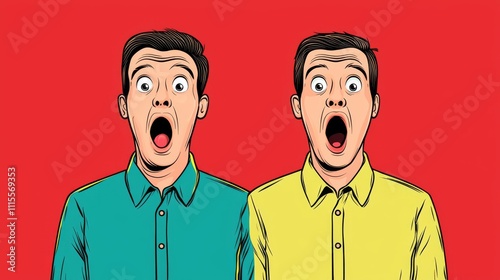 Two surprised men with open mouths, wearing colorful shirts, against a vibrant red background, conveying shock or excitement. photo