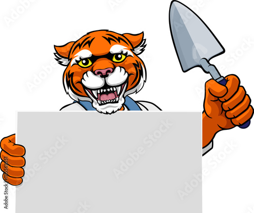A bricklayer tiger handyman cartoon construction mascot character holding a trowel tool