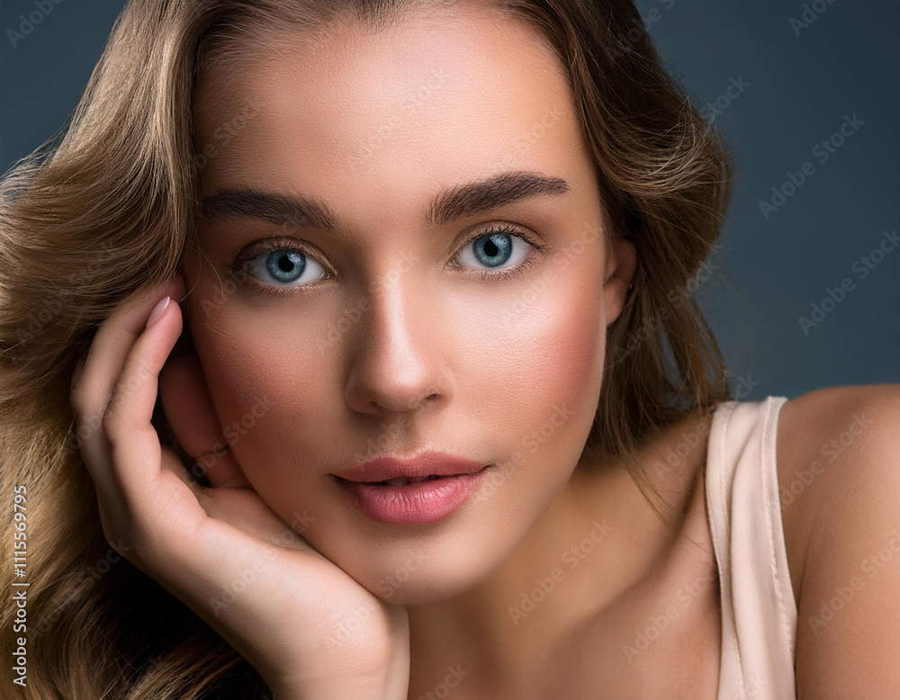 Fototapeta premium Una mujer joven rubia con ojos azules apoyada sobre su mano derecha mirando de frente con una leve sonrisa