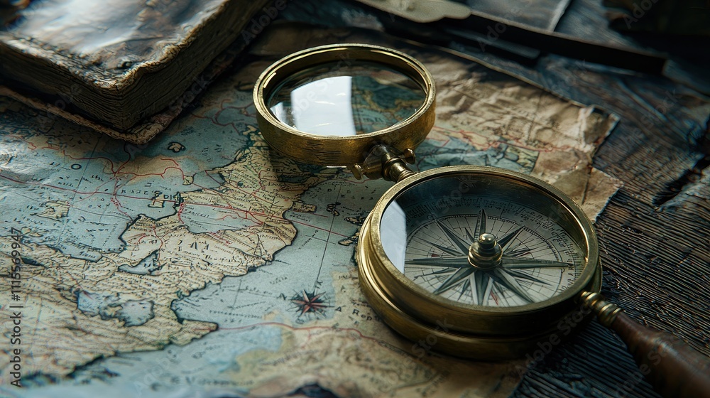 Antique compass and magnifying glass on old map. Antique compass and magnifying glass on old map.